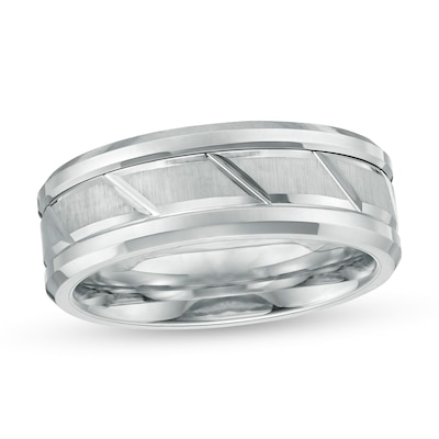 Men S 8 0mm Multi Finish Slant Groove Wedding Band In Tungsten