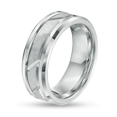 Men S 8 0mm Multi Finish Slant Groove Wedding Band In Tungsten