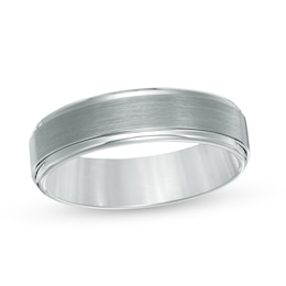 6.0mm Brushed Inlay Stepped Edge Engravable Wedding Band in Grey Tungsten (1 Line)