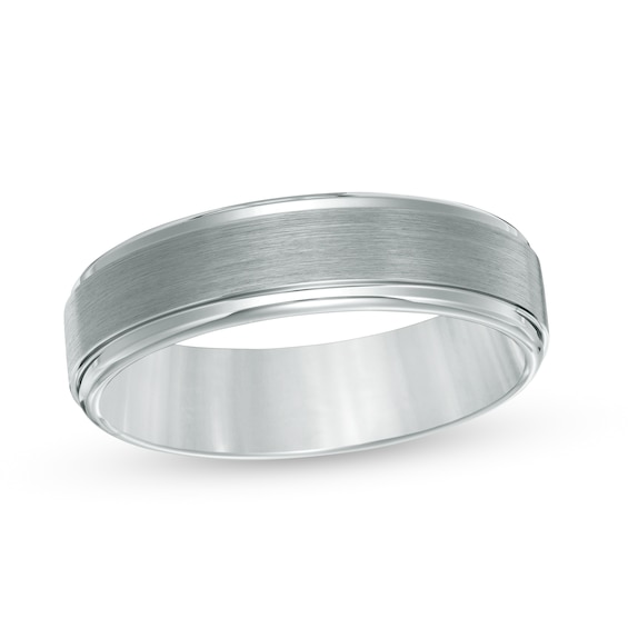 6.0mm Brushed Inlay Stepped Edge Engravable Wedding Band in Grey Tungsten (1 Line)