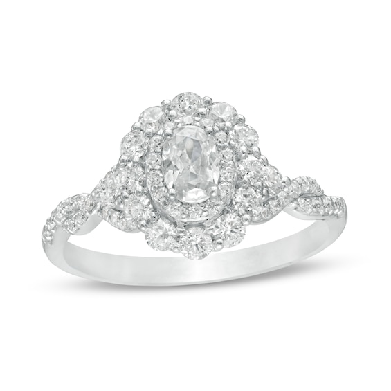 1 CT. T.w. Oval Diamond Scallop Frame Twist Shank Engagement Ring in 14K White Gold