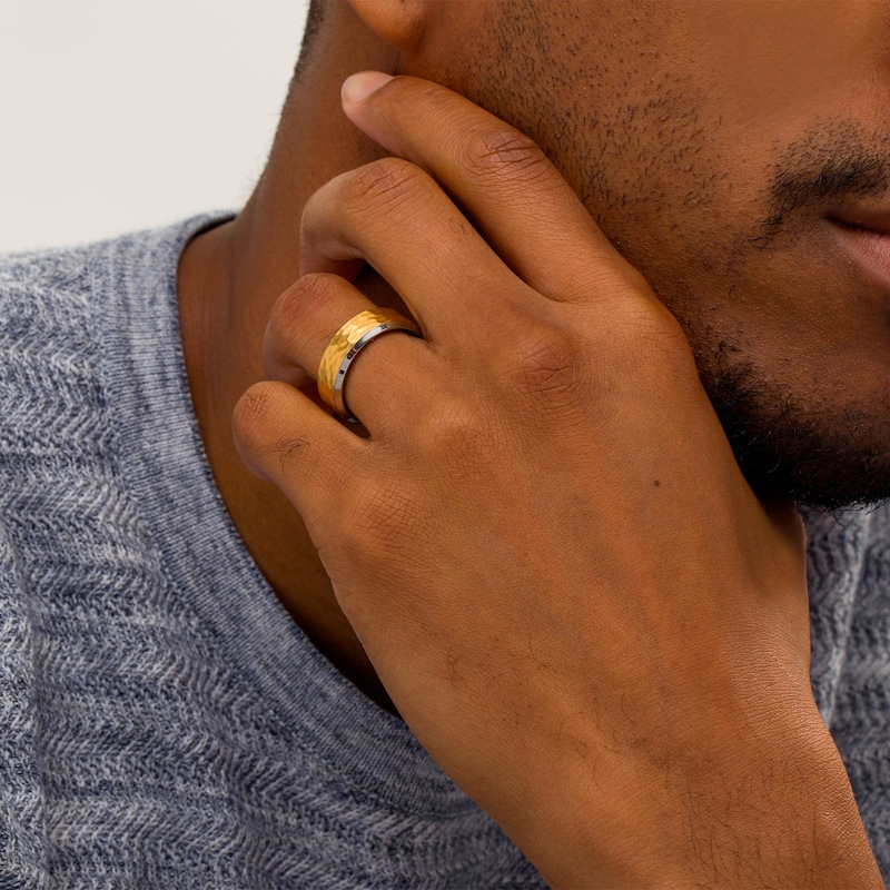 Main Image 2 of Men's 8.0mm Hammered Wedding Band in Stainless Steel with Yellow IP - Size 10