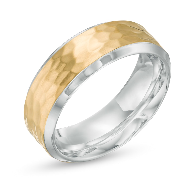 Main Image 3 of Men's 8.0mm Hammered Wedding Band in Stainless Steel with Yellow IP - Size 10