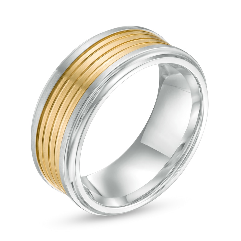 Men's 9.0mm Grooved Wedding Band in Stainless Steel with Yellow IP - Size 10