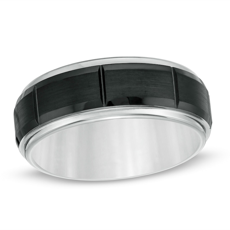 Men's 8.0mm Brick Pattern Wedding Band in Stainless Steel and Black IP - Size 10