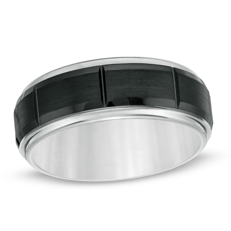 Main Image 1 of 8.0mm Brick Pattern Wedding Band in Stainless Steel and Black IP - Size 10