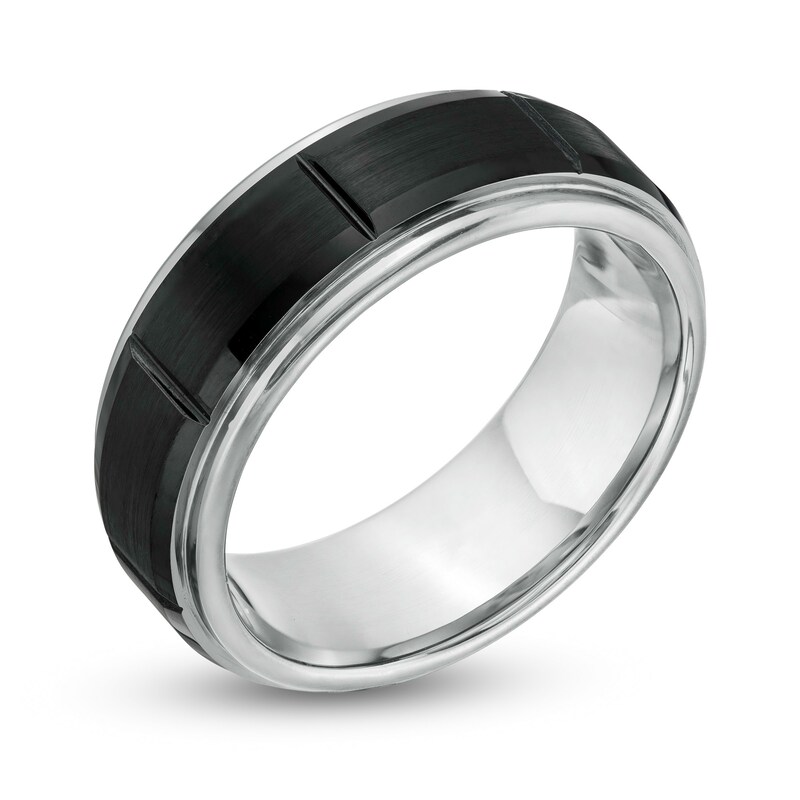 Men's 8.0mm Brick Pattern Wedding Band in Stainless Steel and Black IP - Size 10