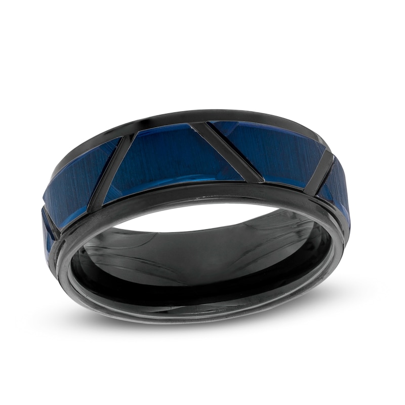 Main Image 1 of 8.0mm Geometric Pattern Wedding Band in Black and Blue IP Tantalum - Size 10