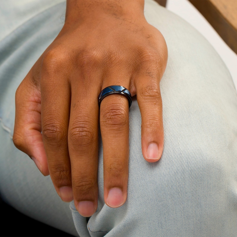 Main Image 2 of 8.0mm Geometric Pattern Wedding Band in Black and Blue IP Tantalum - Size 10