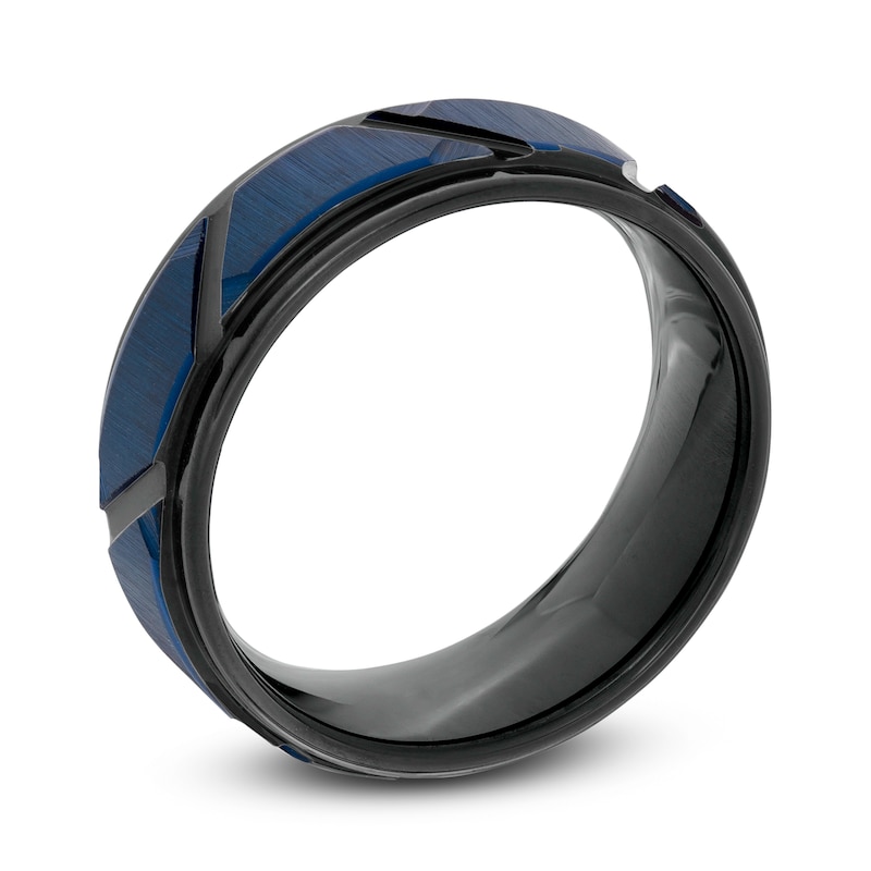 Men's 8.0mm Geometric Pattern Wedding Band in Black and Blue IP Tantalum - Size 10