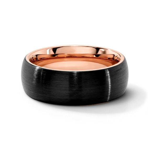 8.0mm Brushed Low Dome Wedding Band in Tungsten with Black and Rose Ion Plate