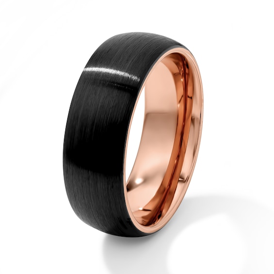 8.0mm Brushed Low Dome Wedding Band in Tungsten with Black and Rose Ion Plate