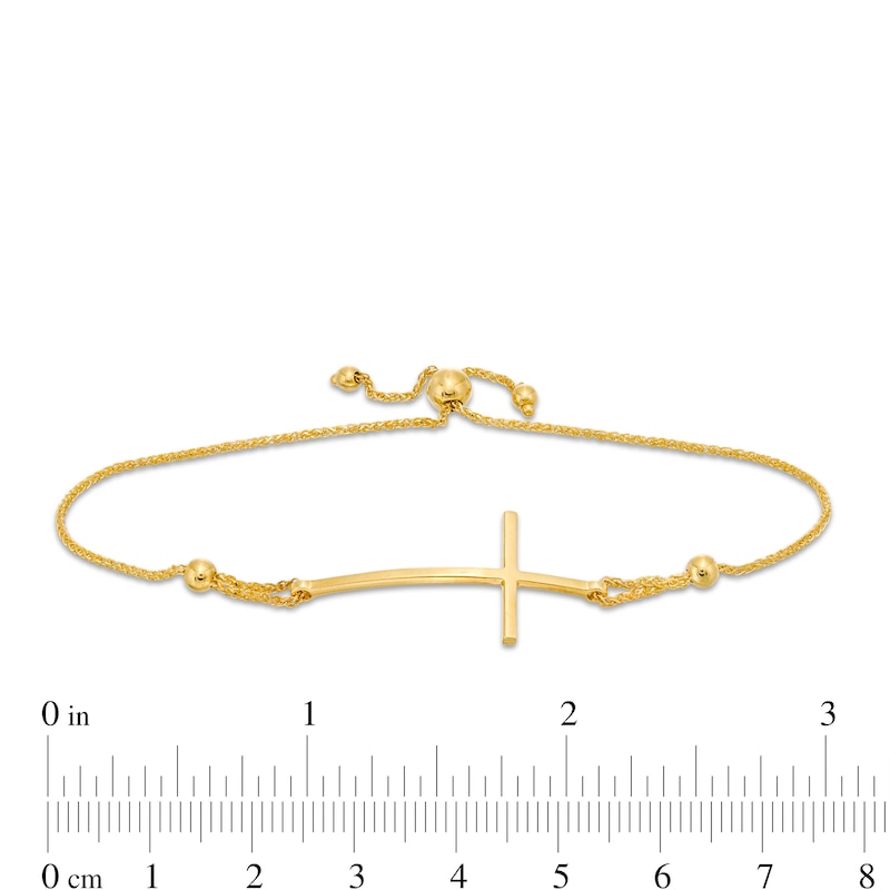 Curved Sideways Cross Bolo Bracelet in 10K Gold - 9.25"