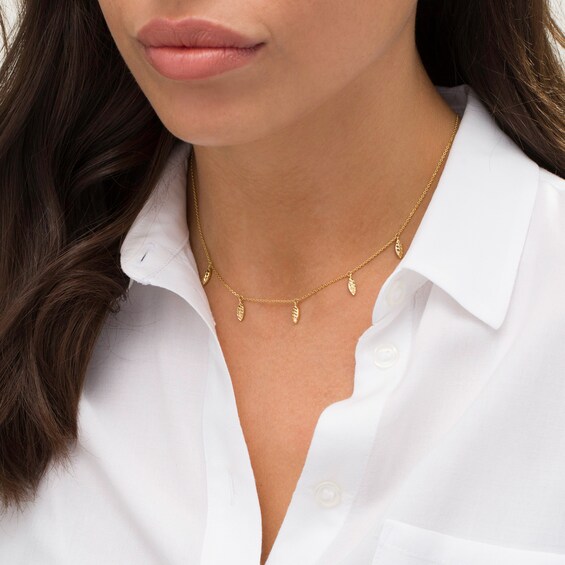 Adjustable Leaf Drop Station Choker Necklace in 10K Gold - 16"