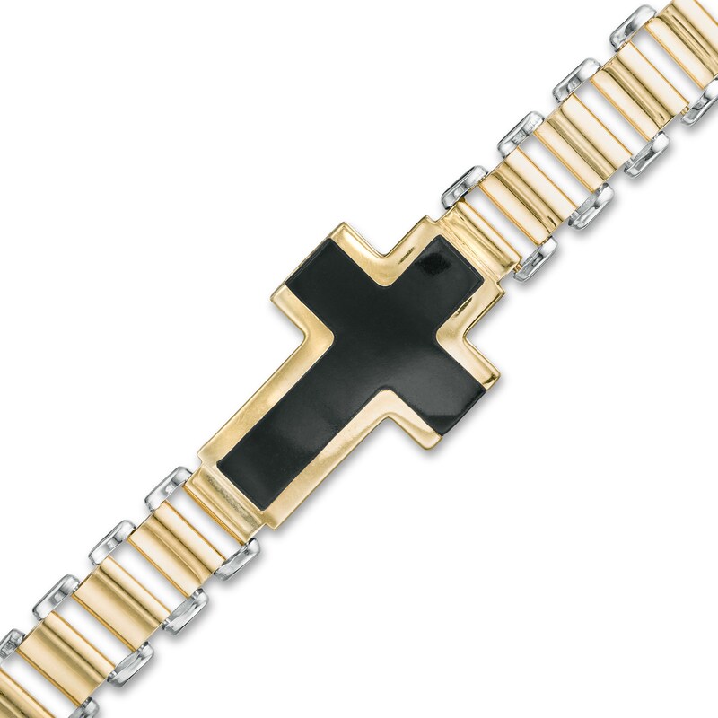 Main Image 1 of Made in Italy Lab-Created Onyx Sideways Cross Link Bracelet in 10K Gold - 8.5"