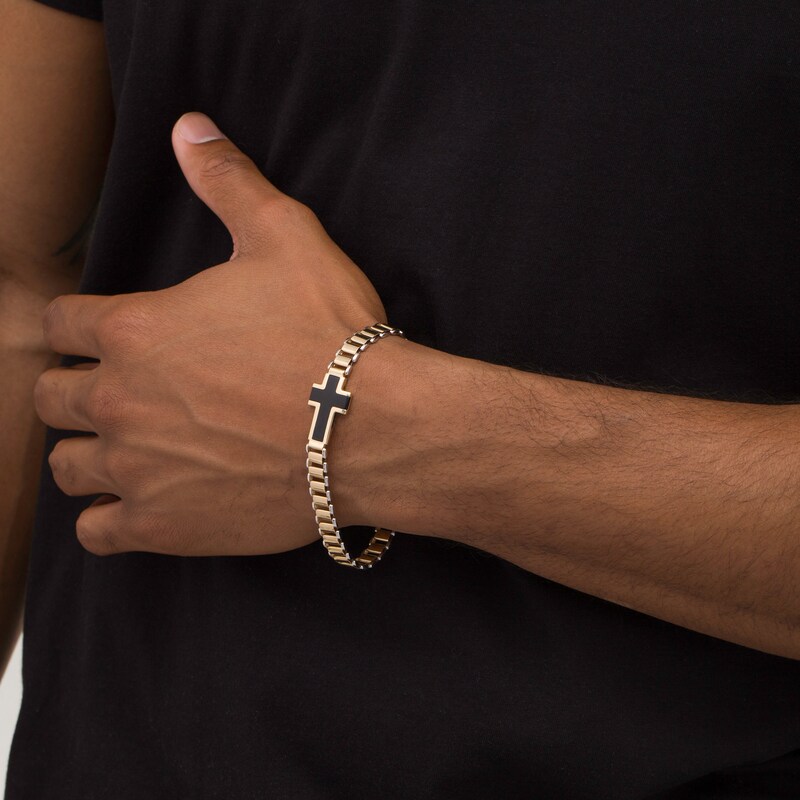Main Image 2 of Made in Italy Lab-Created Onyx Sideways Cross Link Bracelet in 10K Gold - 8.5"