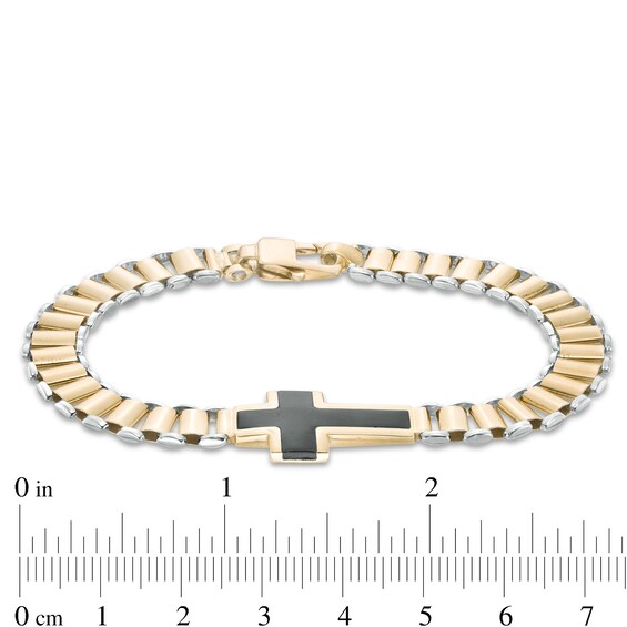 Made in Italy Lab-Created Onyx Sideways Cross Link Bracelet in 10K Gold - 8.5"