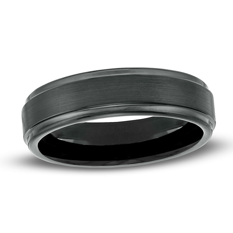 Main Image 1 of 6.0mm Multi-Finish Stepped Edge Engravable Wedding Band in Tungsten with Black IP (1 Line)