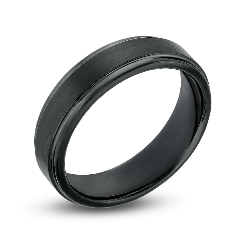 Men's 6.0mm Multi-Finish Stepped Edge Engravable Wedding Band in Tungsten with Black IP (1 Line)