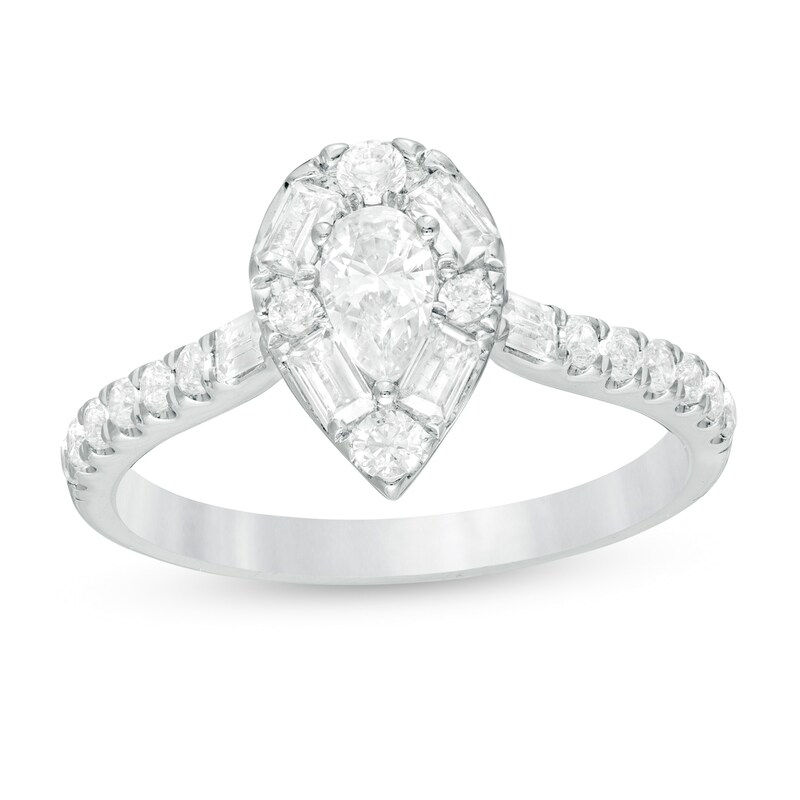 Main Image 1 of 7/8 CT. T.W. Pear-Shaped Diamond Frame Engagement Ring in 14K White Gold