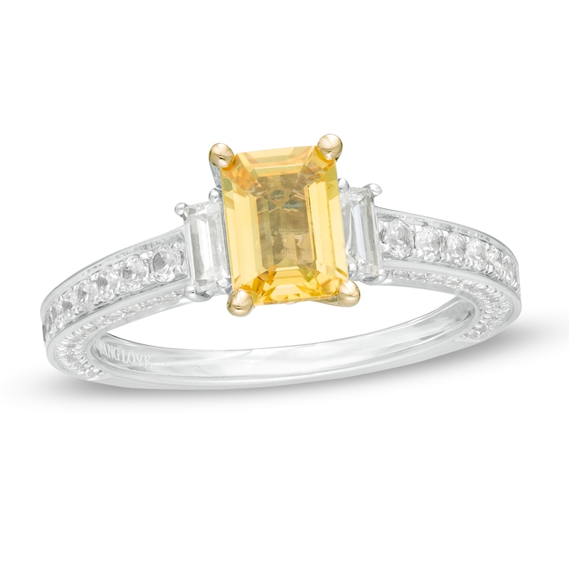 Main Image 1 of Vera Wang Love Collection Certified Octagonal Sapphire and 3/4 CT. T.W. Diamond Engagement Ring in 14K White Gold