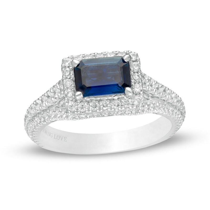 Main Image 1 of Vera Wang Love Collection Certified Octagonal Blue Sapphire and 3/4 CT. T.W. Diamond Engagement Ring in 14K White Gold