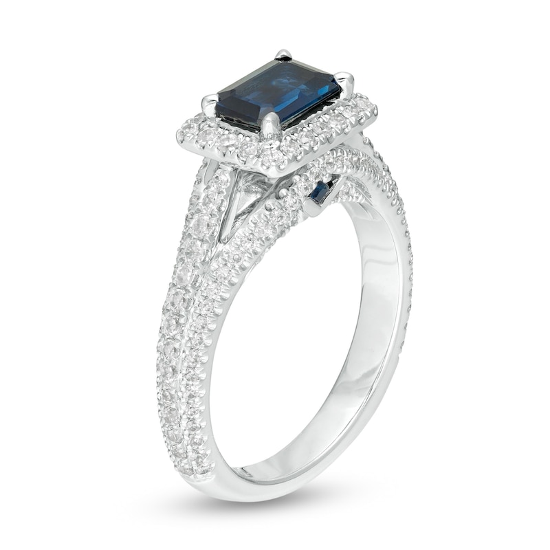 Vera Wang Love Collection Certified Octagonal Blue Sapphire and 3/4 CT. T.W. Diamond Engagement Ring in 14K White Gold