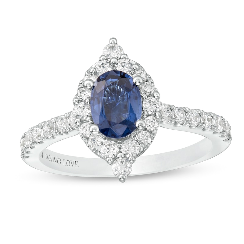 Vera Wang Love Collection Certified Oval Blue Sapphire and 5/8 CT. T.W. Diamond Frame Engagement Ring in 14K White Gold