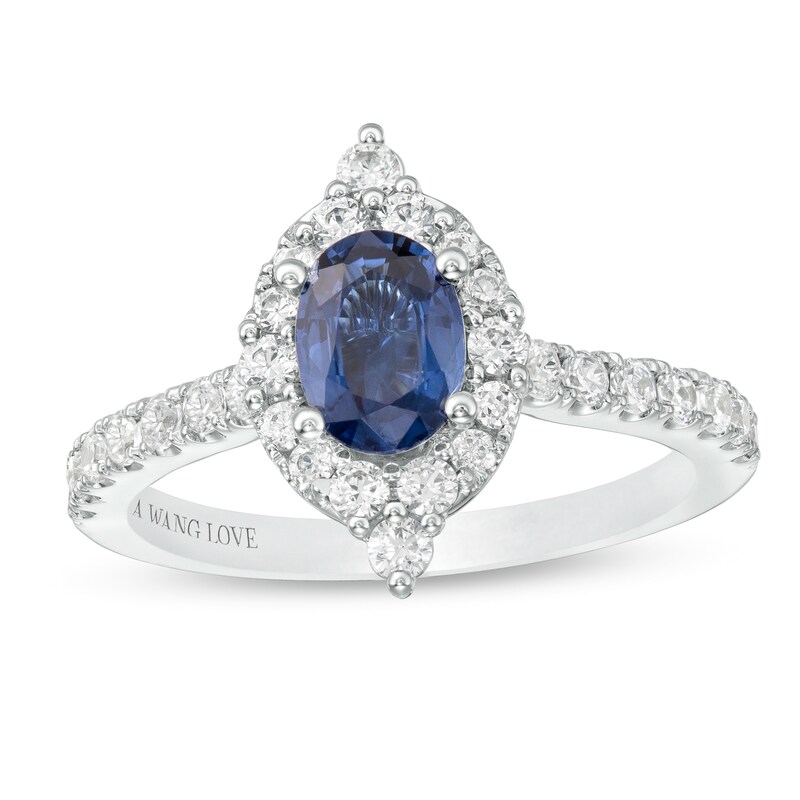 Main Image 1 of Vera Wang Love Collection Certified Oval Blue Sapphire and 5/8 CT. T.W. Diamond Frame Engagement Ring in 14K White Gold