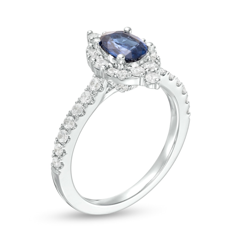 Vera Wang Love Collection Certified Oval Blue Sapphire and 5/8 CT. T.W. Diamond Frame Engagement Ring in 14K White Gold