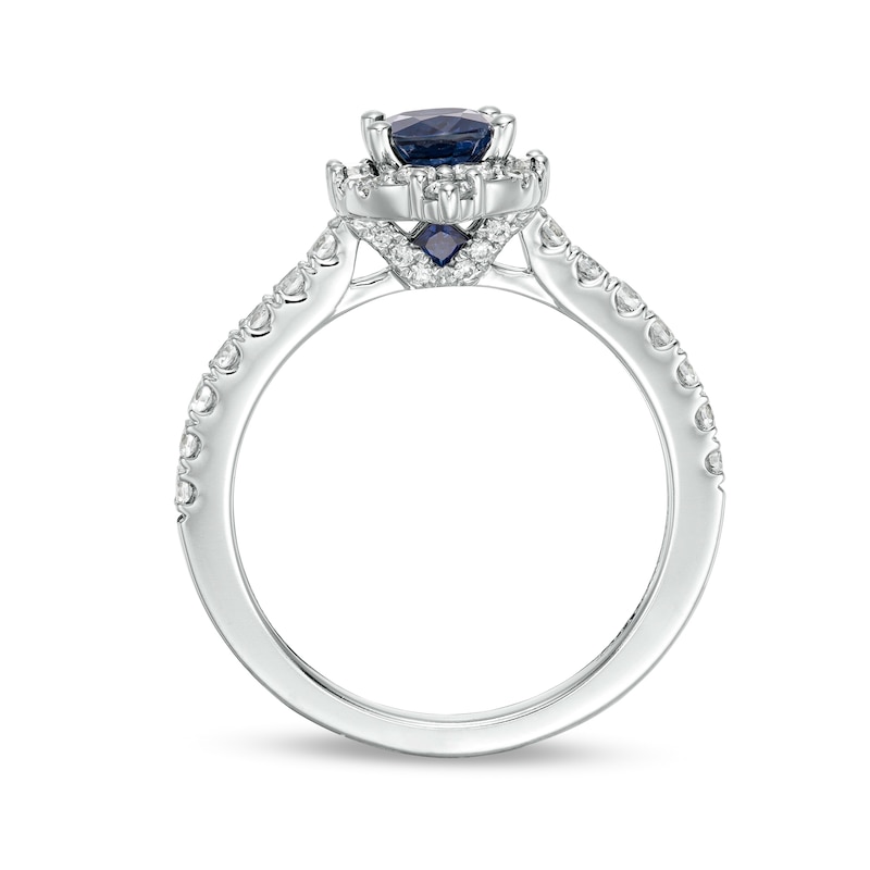 Vera Wang Love Collection Certified Oval Blue Sapphire and 5/8 CT. T.W. Diamond Frame Engagement Ring in 14K White Gold