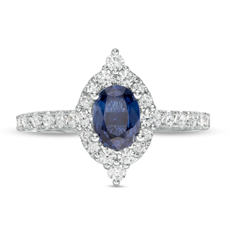 Vera Wang Love Collection Certified Oval Blue Sapphire and 5/8 CT. T.W. Diamond Frame Engagement Ring in 14K White Gold