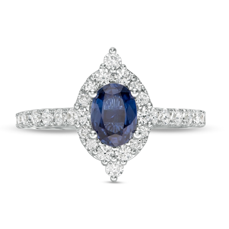 Main Image 4 of Vera Wang Love Collection Certified Oval Blue Sapphire and 5/8 CT. T.W. Diamond Frame Engagement Ring in 14K White Gold
