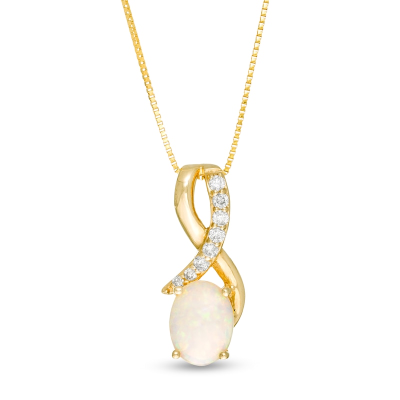 Main Image 1 of Oval Opal and 1/10 CT. T.W. Diamond Ribbon Pendant in 10K Gold