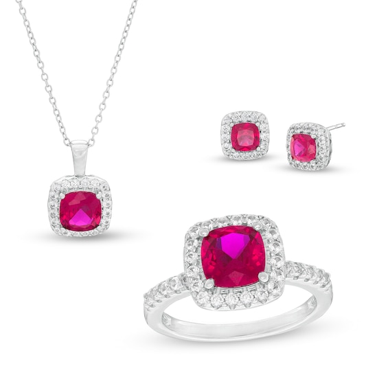 Cushion-Cut Lab-Created Ruby and White Sapphire Frame Three Piece Set in Sterling Silver