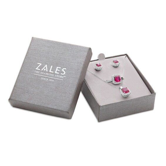 Cushion-Cut Lab-Created Ruby and White Sapphire Frame Three Piece Set in Sterling Silver