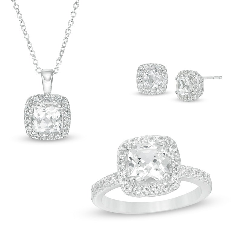 Cushion-Cut Lab-Created White Sapphire Frame Three-Piece Set in Sterling Silver