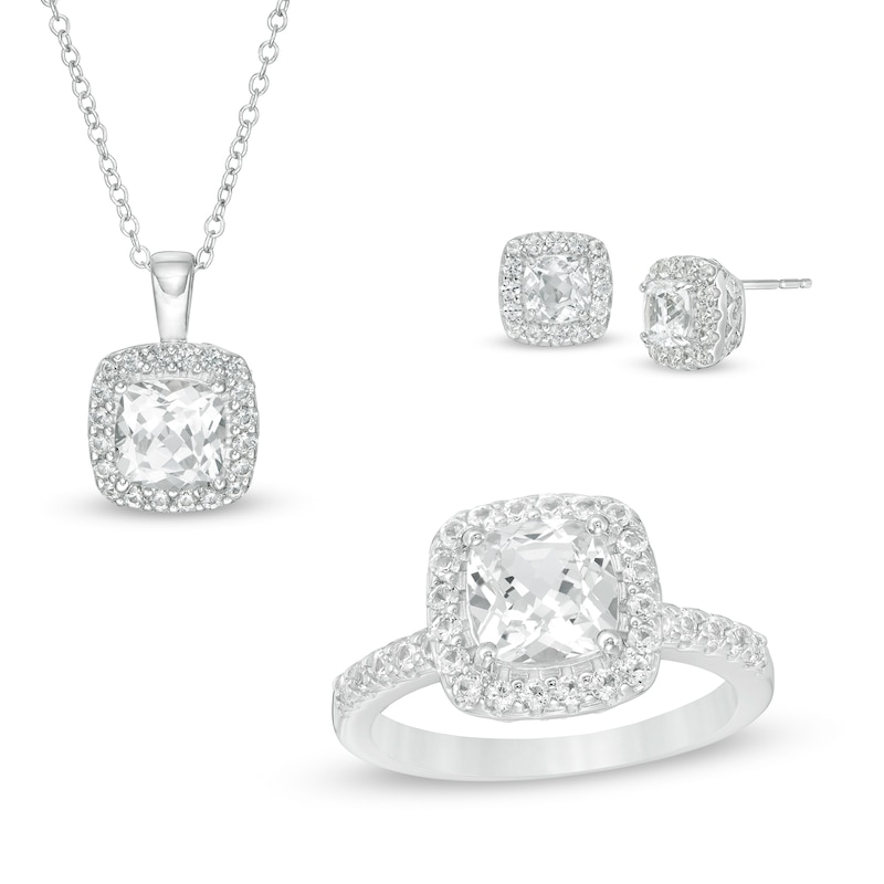 Main Image 1 of Cushion-Cut Lab-Created White Sapphire Frame Three-Piece Set in Sterling Silver