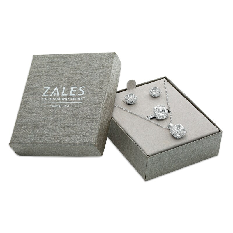 Main Image 4 of Cushion-Cut Lab-Created White Sapphire Frame Three-Piece Set in Sterling Silver