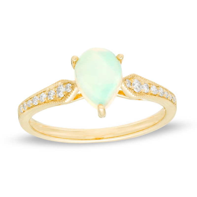 Main Image 1 of Pear-Shaped Opal and 1/8 CT. T.W. Diamond Vintage-Style Ring in 10K Gold