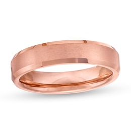 5.0mm Brushed Inlay Beveled Edge Wedding Band in Tungsten with Rose IP