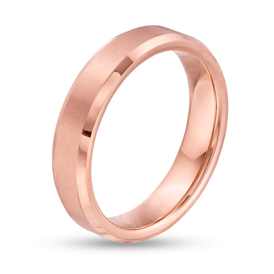 5.0mm Brushed Inlay Beveled Edge Wedding Band in Tungsten with Rose IP