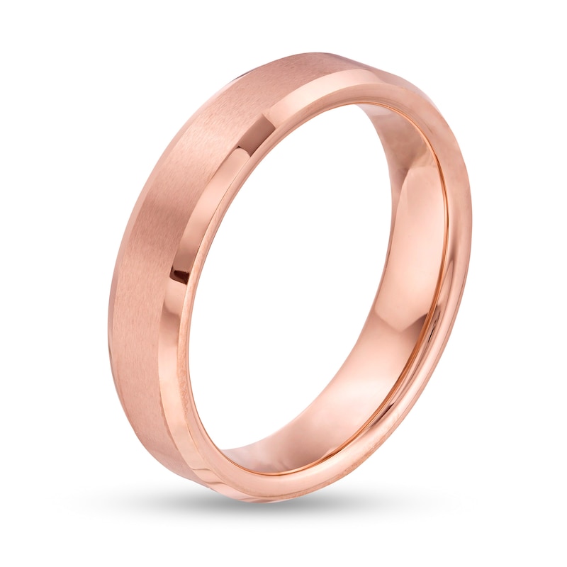 Main Image 2 of 5.0mm Brushed Inlay Beveled Edge Wedding Band in Tungsten with Rose IP