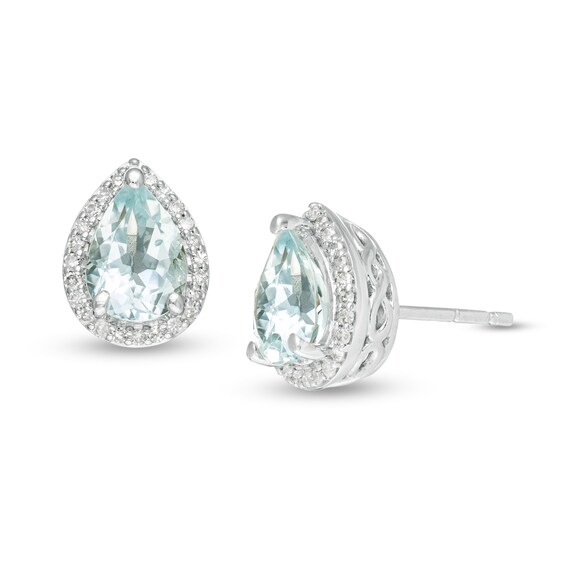 Pear-Shaped Aquamarine and 1/8 CT. T.w. Diamond Teardrop Frame Stud Earrings in 10K White Gold