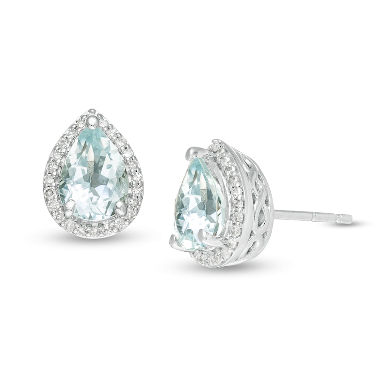 Main Image 1 of Pear-Shaped Aquamarine and 1/8 CT. T.W. Diamond Teardrop Frame Stud Earrings in 10K White Gold