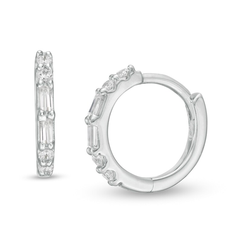 1/8 CT. T.W. Baguette and Round Diamond Hoop Earrings in 10K White Gold