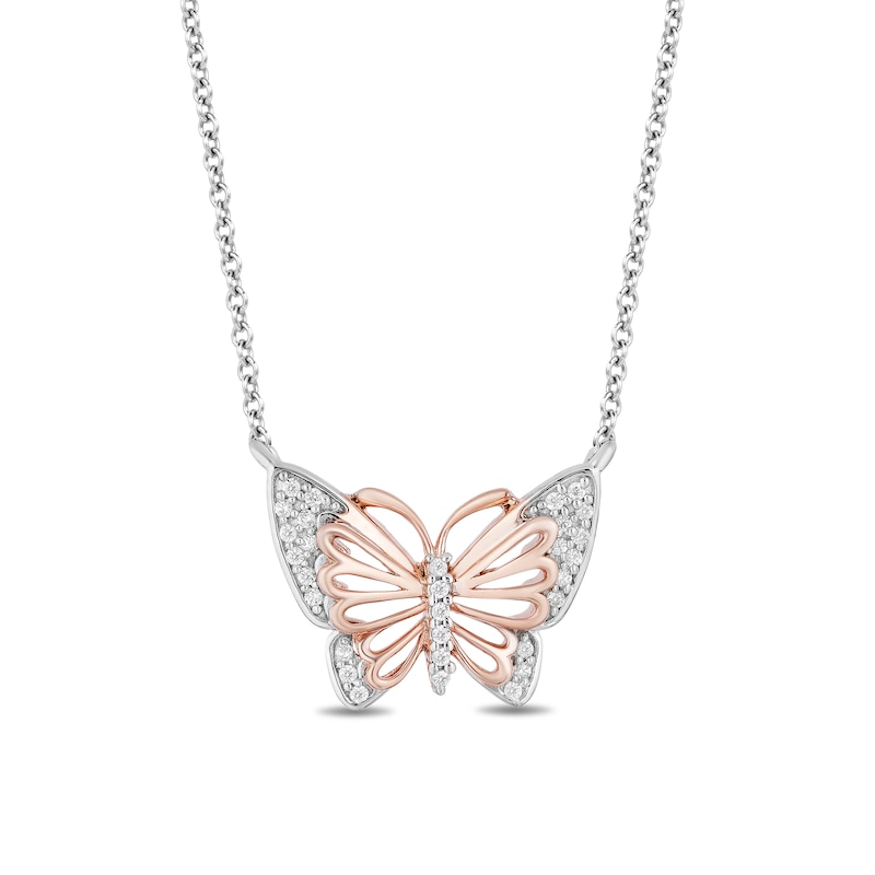 Enchanted Disney Mulan 1/10 CT. T.W. Diamond Butterfly Necklace in Sterling Silver and 10K Rose Gold