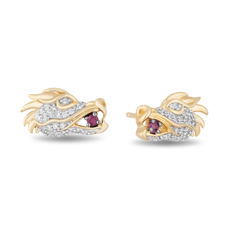 Main Image 1 of Enchanted Disney Mulan Garnet and 1/10 CT. T.W. Diamond Mushu Dragon Stud Earrings in 10K Gold