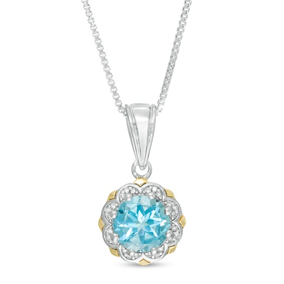 8.0mm Swiss Blue Topaz and 1/20 CT. T.w. Diamond Scallop Frame Pendant in Sterling Silver and 14K Gold