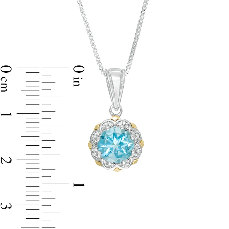 Main Image 3 of 8.0mm Swiss Blue Topaz and 1/20 CT. T.W. Diamond Scallop Frame Pendant in Sterling Silver and 14K Gold